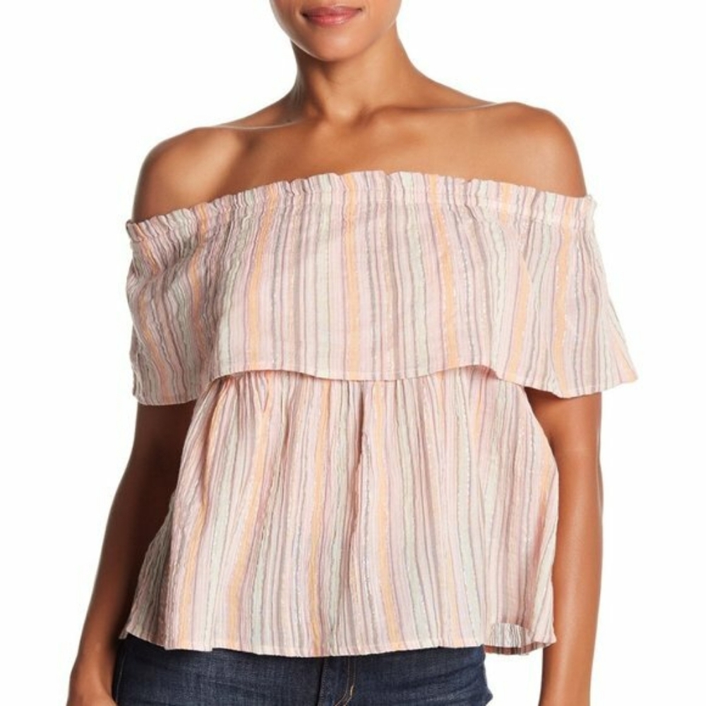 Lucky Brand Pink Multicolor Off-Shoulder Striped Blouse